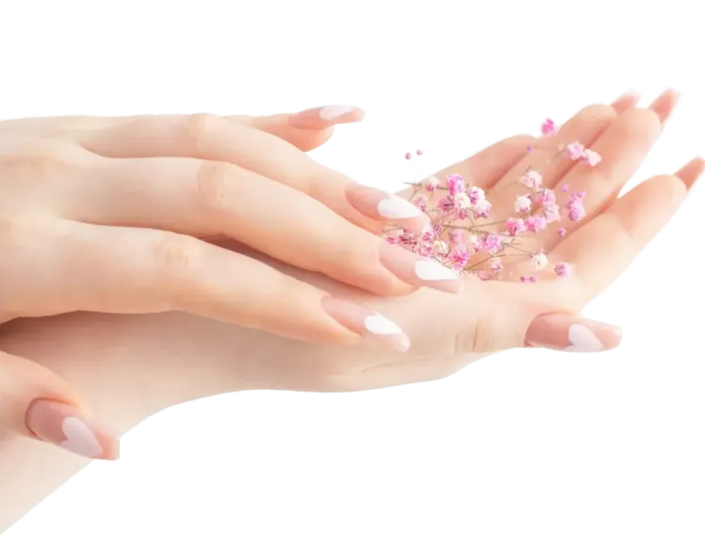 Beautifully manicured hands holding small flowers.